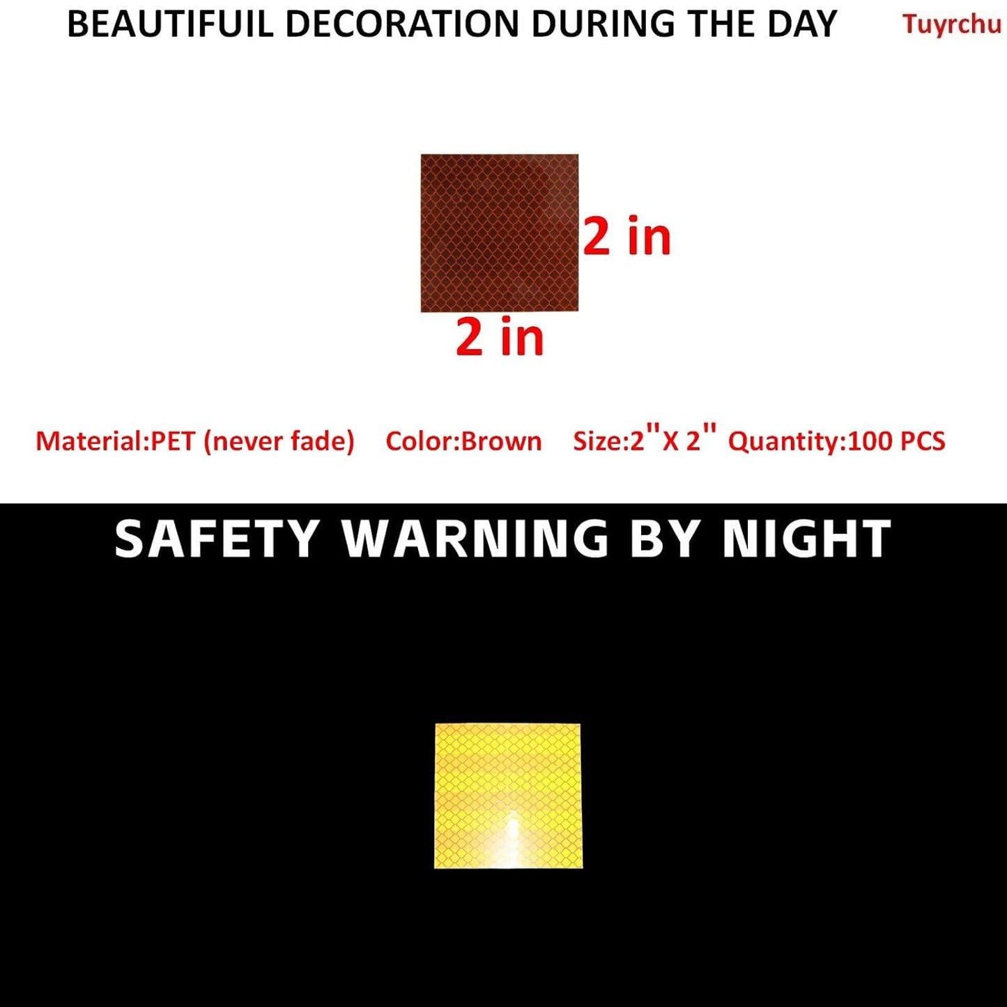 Non Fading Brown Reflective Stickers 2 inch X 2 inch, Outdoor Waterproof High Visibility Warning Safety Adhesive Reflector Tape (100 Pcs)