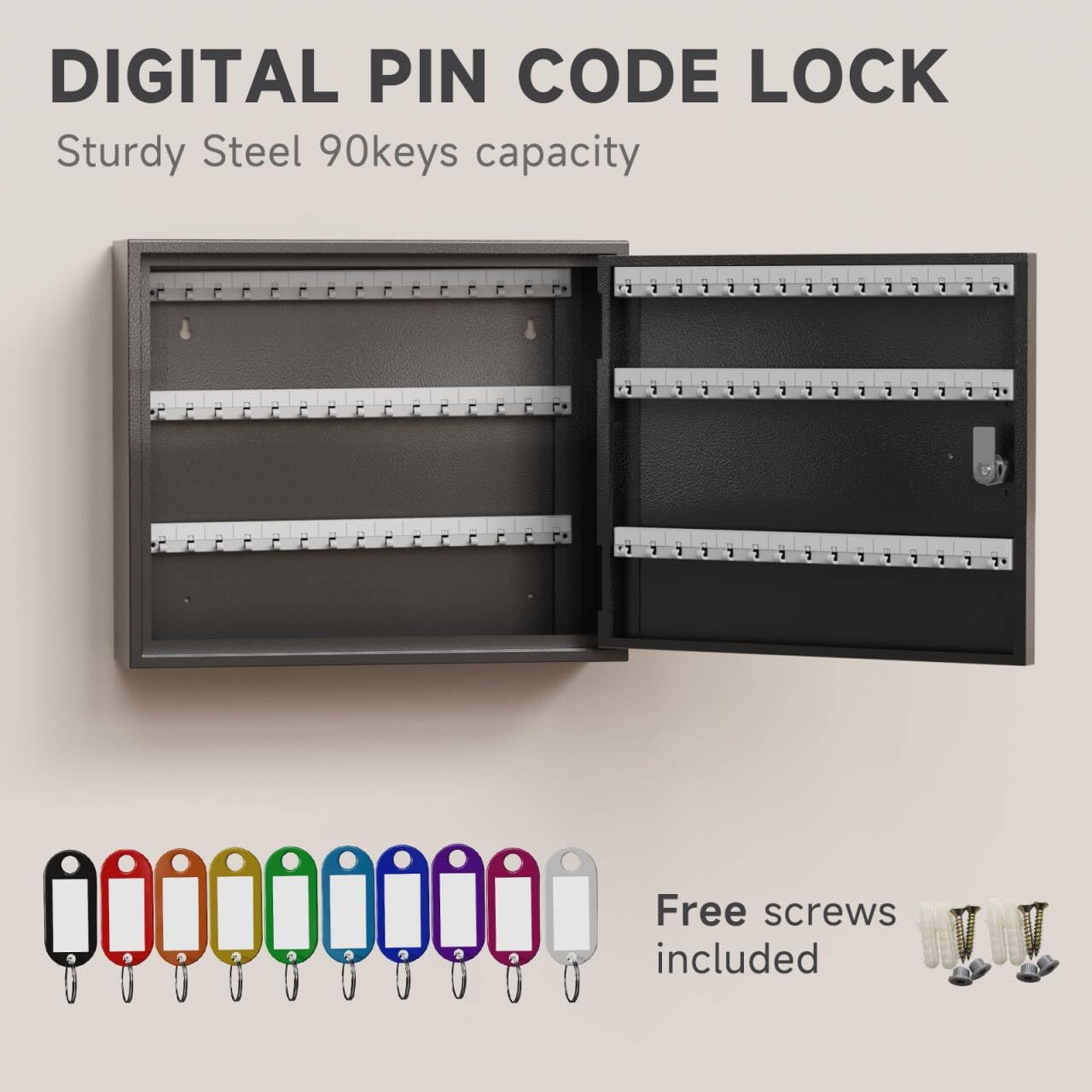 WeHere Key Lock Box for 90 Keys, Wall Mount Key Cabinet with Color Key Tags, Steel Key Storage Box with Lock, Key Holder Organizer for Home, Office, Apartment, Property Management