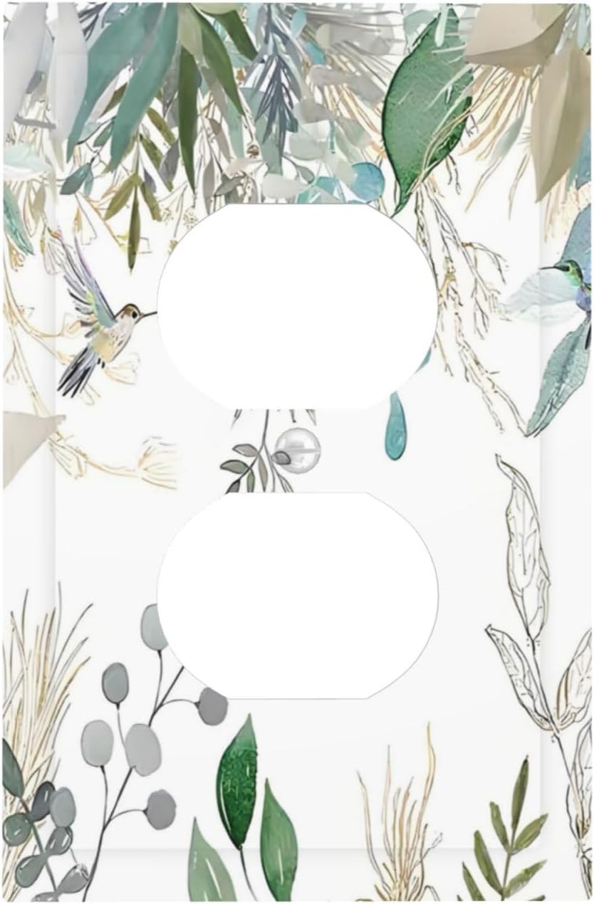 Green Tropical Palm Leaves Flower Plants Hummingbird Outlet Covers 1 Gang Duplex Light Switch Cover Decorative Switch Plates Electrical Receptacle Faceplate Wall Plate for Bed Room Living Room Decor