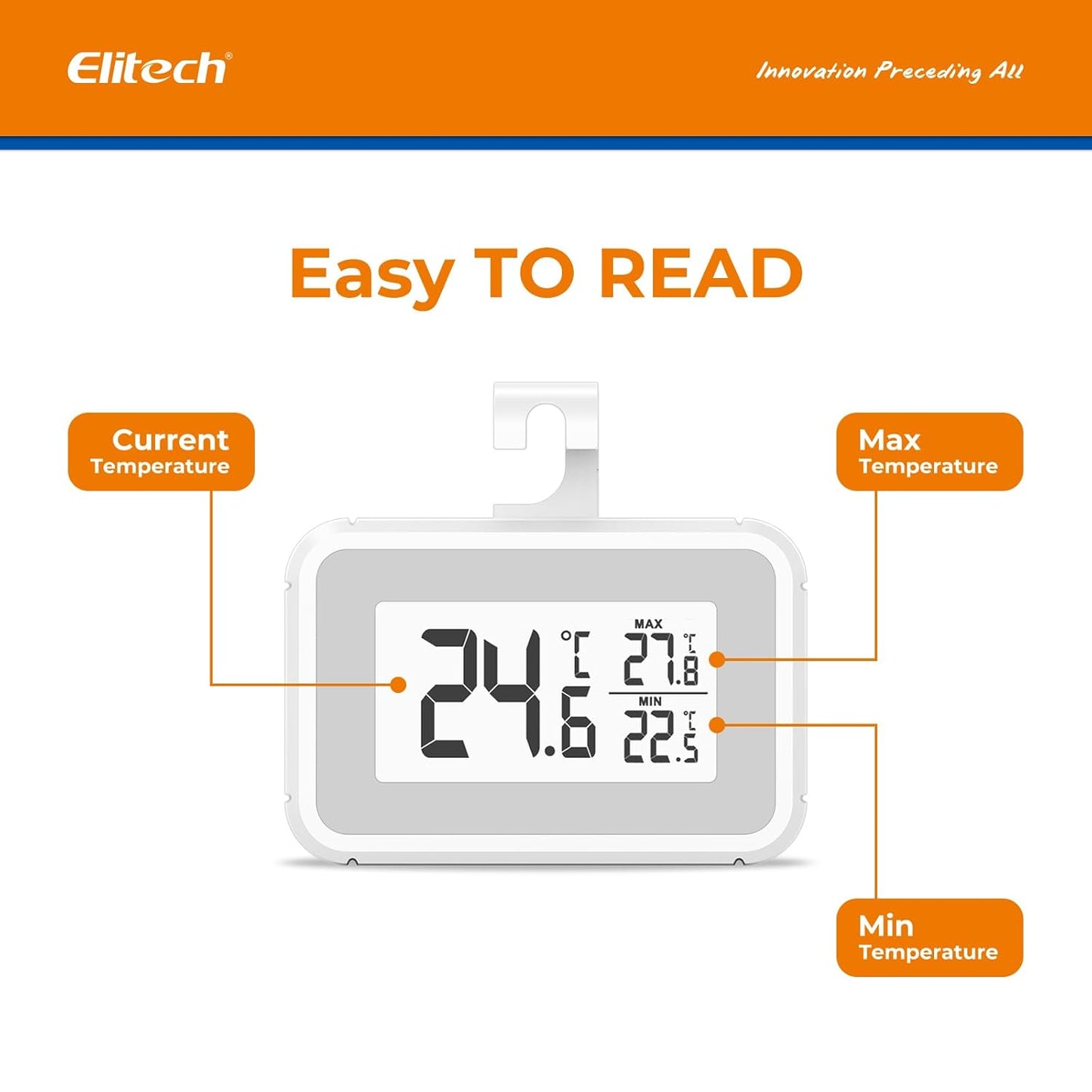 Elitech 3Pack Fridge Thermometer Digital Freeze Refrigerator Thermometer Waterproof Large LCD Display Max/Min Record Function TM-2T
