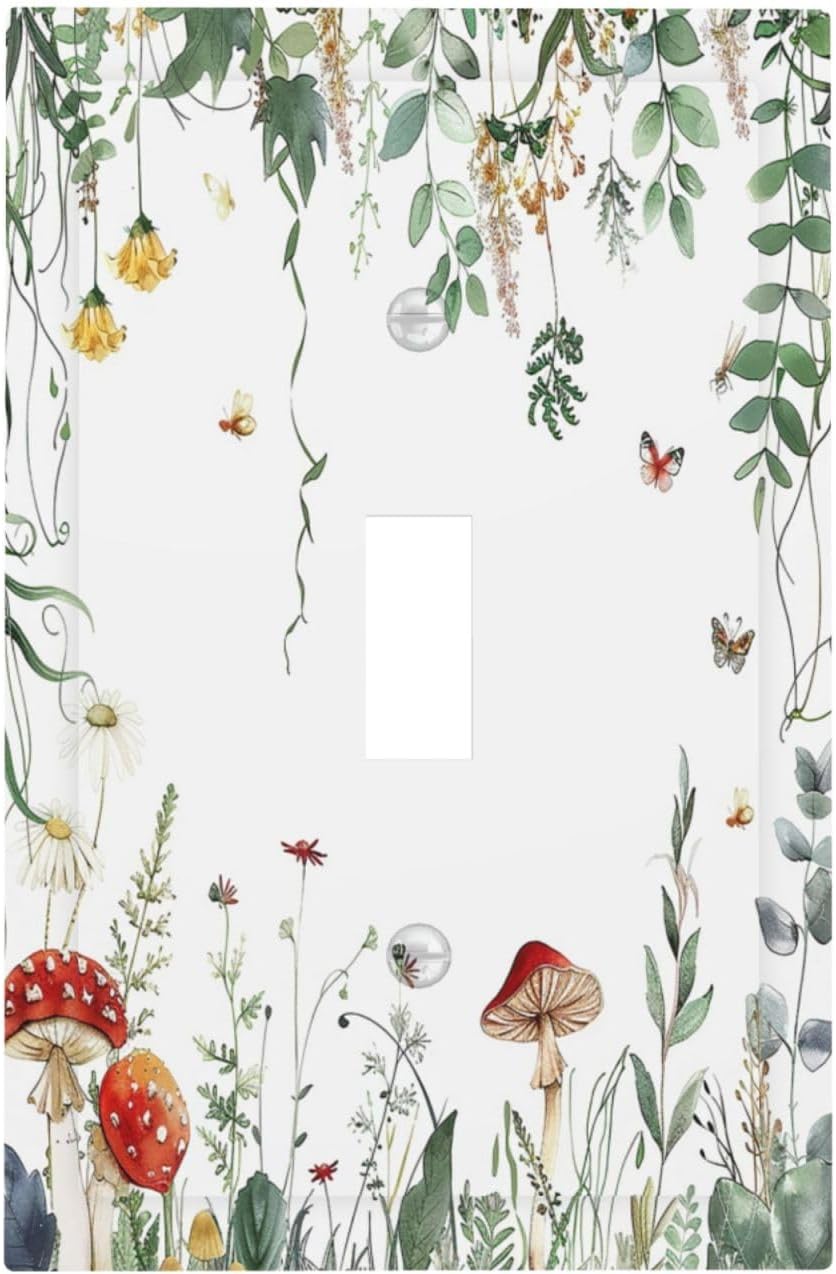 Decorative Light Switch Cover Sage Plant Red Mushroom Butterfly Wild Flower 1 Gang Single Toggle Device Electrical Faceplate Switchplates Decorator Outlet Wall Plate For Bed Room Home