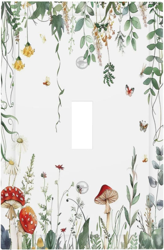 Decorative Light Switch Cover Sage Plant Red Mushroom Butterfly Wild Flower 1 Gang Single Toggle Device Electrical Faceplate Switchplates Decorator Outlet Wall Plate For Bed Room Home