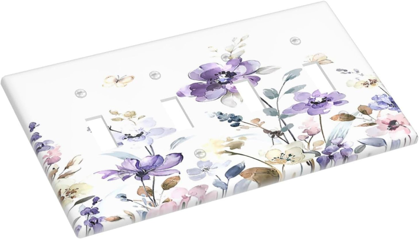 Light Switch Covers Purple Floral Lilac Watercolor Flower Leaves Butterfly Wildflower Quad Toggle 4 Gang Wall Plate Electrical Faceplate Decorative Switch Plates for Bedroom Home Decor