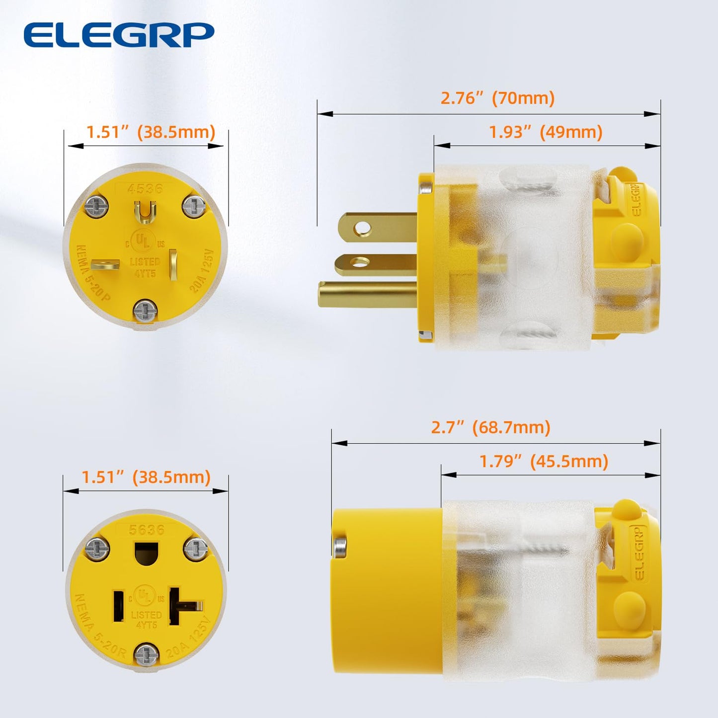 ELEGRP Lighted Straight Blade Electrical Plug and Connector Set 20 Amp 125 Volt NEMA 5-20P NEMA 5-20R 2 Pole 3 Wire Grounding, Commercial Grade, Yellow, 5 Set