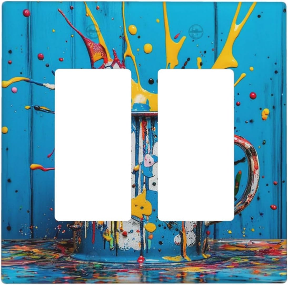 Decorative Outlet Covers Colorful Paint Splatters Blue Wood Plank 2 Gang Wall Plate Double Rocker Two Switch Wall Cover Plate Jumbo Dual GFCI Faceplate for Home Decor