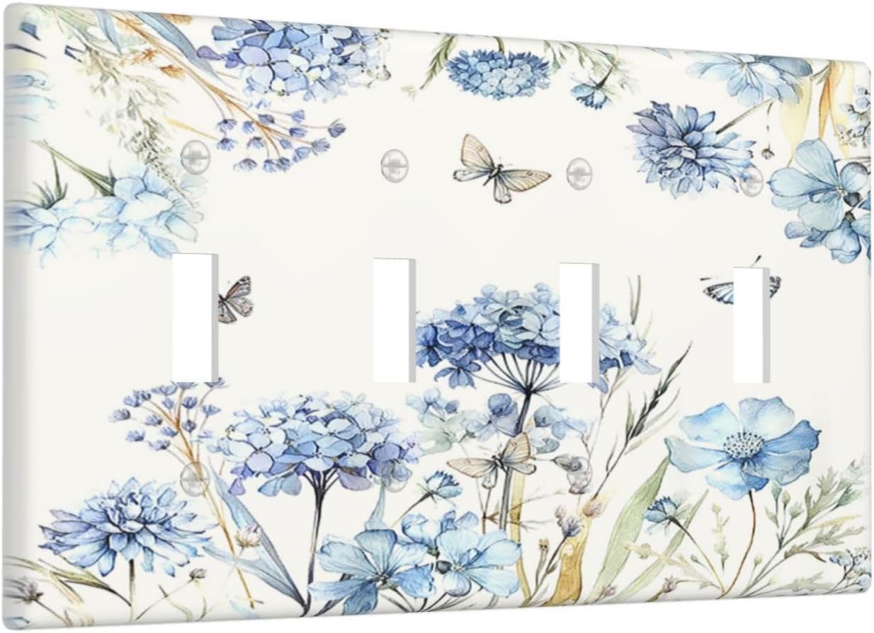 Light Switch Covers Blue Floral Hydrangea Plants Quad Toggle 4 Gang Wall Plate Electrical Faceplate Decorative Switch Plates for Bedroom Home Decor