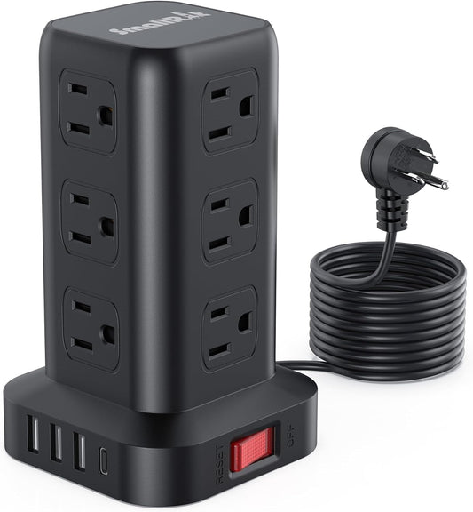 Surge Protector Power Strip Tower,10FT Extension Cord with Multiple Outlets, 12 AC 4 USB (1 USB C)，Mini Power Strip with USB Ports, Surge Protector Tower Overload Protection for Office, Desk