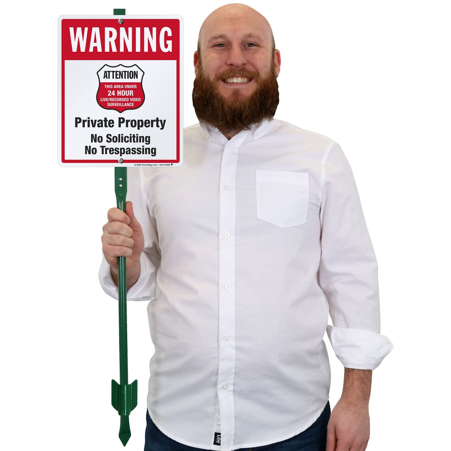 SmartSign 12" x 10" 'Warning - Private Property, No Soliciting/Trespassing, Area Under Surveillance' Yard Sign with 3 ft Stake, 40 mil Laminated Rustproof Aluminum, Red/Black/White, USA-Made