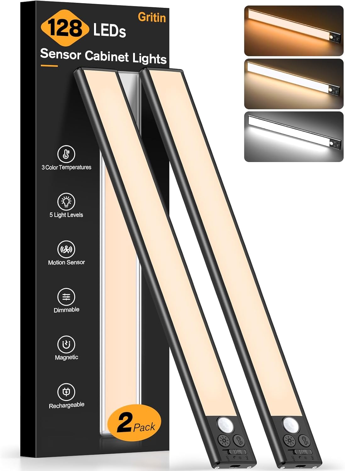 Gritin 14.7inch Under Cabinet Lighting Rechargeable - 128 LED Super Bright, 3-Color&5 Level Brightness, 4 Modes, Motion Sensor, Long Lasting-Easy Installation Magnetic Closet Lights - 2 Pack-Black