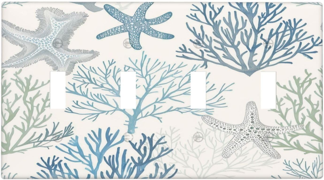 Light Switch Covers Ocean Beach Theme Starfish Seashell Coral Quad Toggle Electrical Faceplate 4 Gang Wall Plate Decorative Switch Plates For Bathroom Kids Room Decor