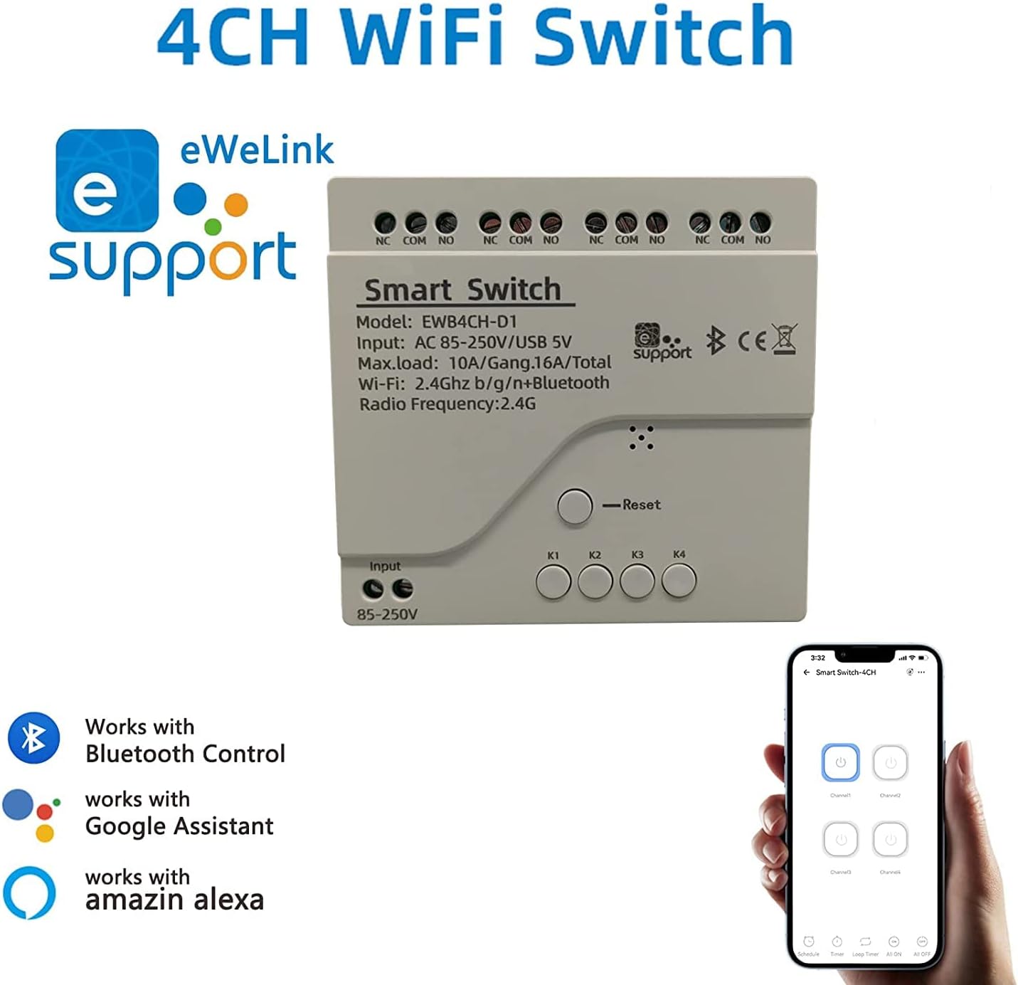 4 Channel Smart WiFi Relay Switching Module USB 5V/AC85V-250V, Supports Bluetooth Control, eWeLink App Remote Control, for Alexa Google Home