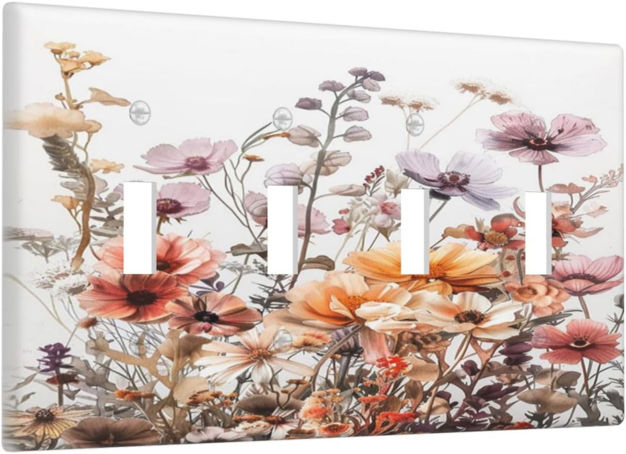 Boho Nursery Wildflower Flora Vintage Flower Light Switch Covers Quad Toggle Electrical Faceplate 4 Gang Wall Plate Decorative Switch Plates Cover for Bedroom Living Room Decor