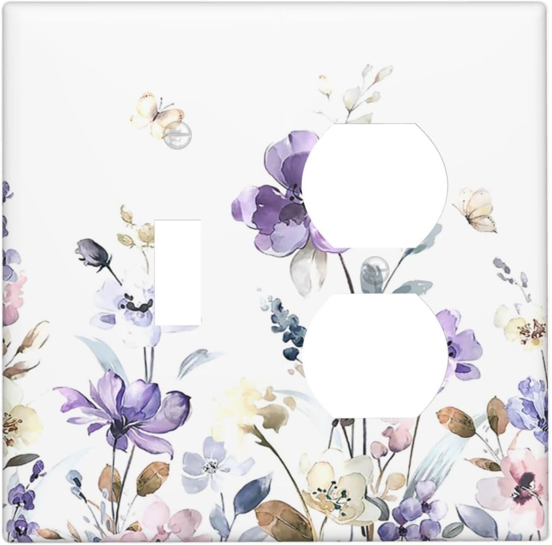 Wallplates Purple Floral Lilac Watercolor Flower Leaves Butterfly Wildflower 1 Toggle 1 Duplex Switch Plate Electrical GFCI Faceplate Decorative Light Switch Covers for Bedroom Home Decor