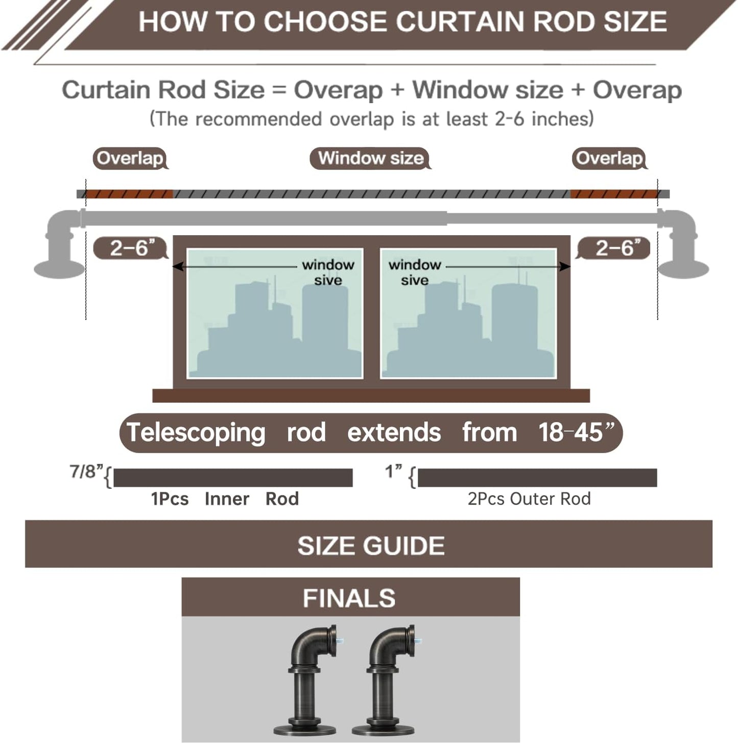 Industrial Curtain Rods 18 to 45 in,Wrap Around Rods, Adjustable Curtain Pole,1 in Diameter Pipe Wall or Ceiling Mounted,for Living Room(Antique Nickel 18” to 45”)