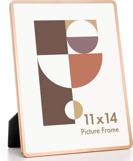 Axeman 11x14 Picture Frame-Metal Rounded Corner Frame 11x14, 11''x14''Photo Frame with Tempered Glass,Tabletop and Wall Display, One-Piece 11 By 14 Metal Picture Frame for images, Rose Gold