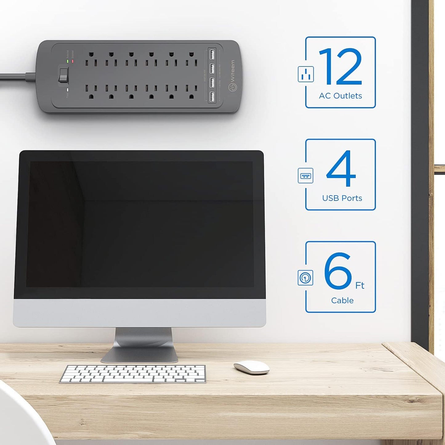 Surge Protector Power Strip - 12 Outlets, 4 USB 3.4A Ports, 6Ft Extension Cord, 1875W/15A, 4360Joules, Wall Mountable, Overload Protection - Ideal for Home & Office Use (Black-3.4A)