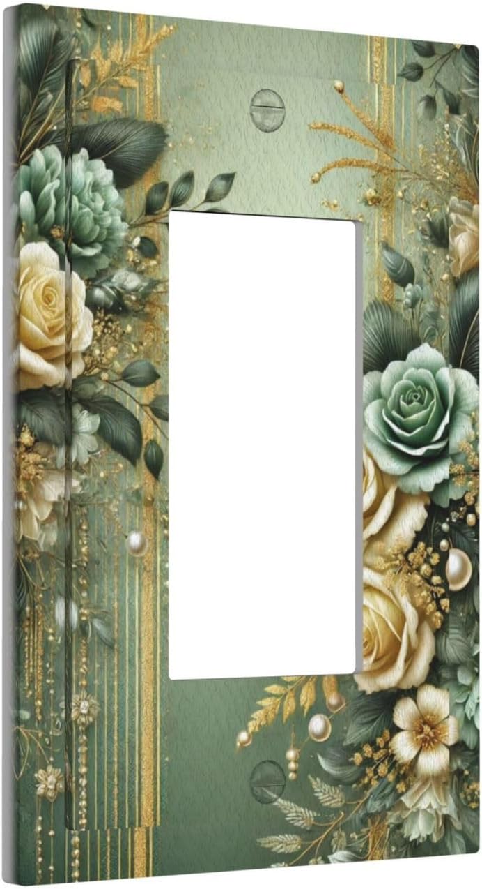 Decorative Outlet Covers Rustic Green Floral Leaves Teal Flowers Gold Stripe 1 Gang Single Decora GFCI Device Light Switch Covers Plate 1 Rocker Wall Plate Jumbo Faceplate