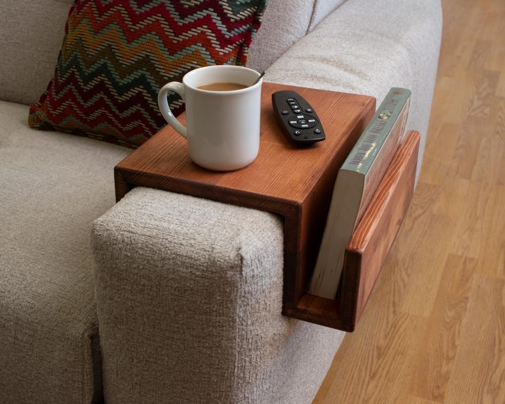Wooden Couch Arm Tray – Sofa Armrest Table with Book & Magazine Holder, Perfect for Coffee & Remote Control, Solid Wood (Paris)