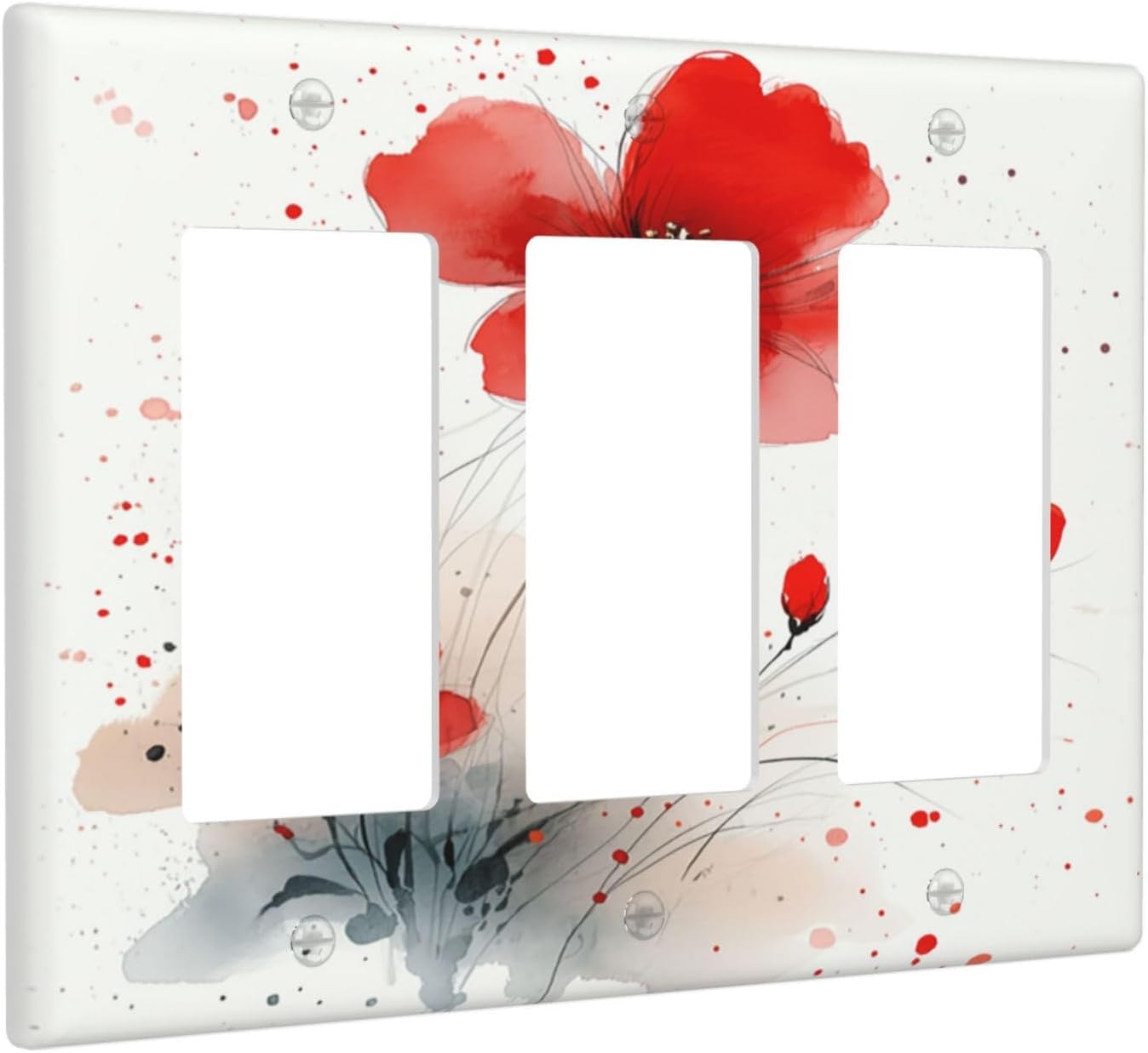 Vintage Watercolor Red Flowers Floral Light Switch Covers 3 Gang Rocker Decorative Triple Outlet Wall Plate Cover Electrical GFCI Switchplate for Bedroom Bathroom Decor