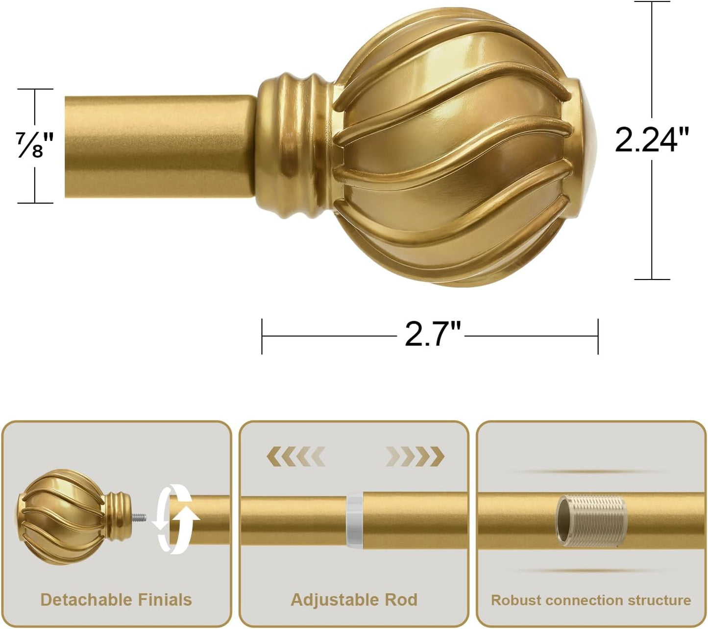 Gold Curtain Rods for Windows 72 to 144 Inch Long Adjustable Window Curtain Rod 7/8" Diamete Heavy Duty with Decorative Finials for Farmhouse Bedroom Living Room Kitchen Outdoor
