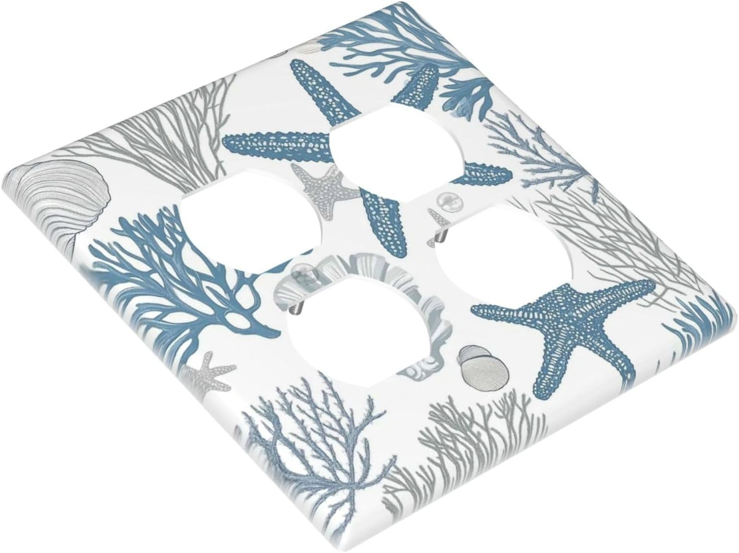 Blue Starfish Nautical Beach Conch Coastal Coral Shell Outlet Covers 2 Gang Double Duplex Decorative Light Switch Covers Electrical Wallplates Socket Faceplate For Kids Room Bathroom Decor