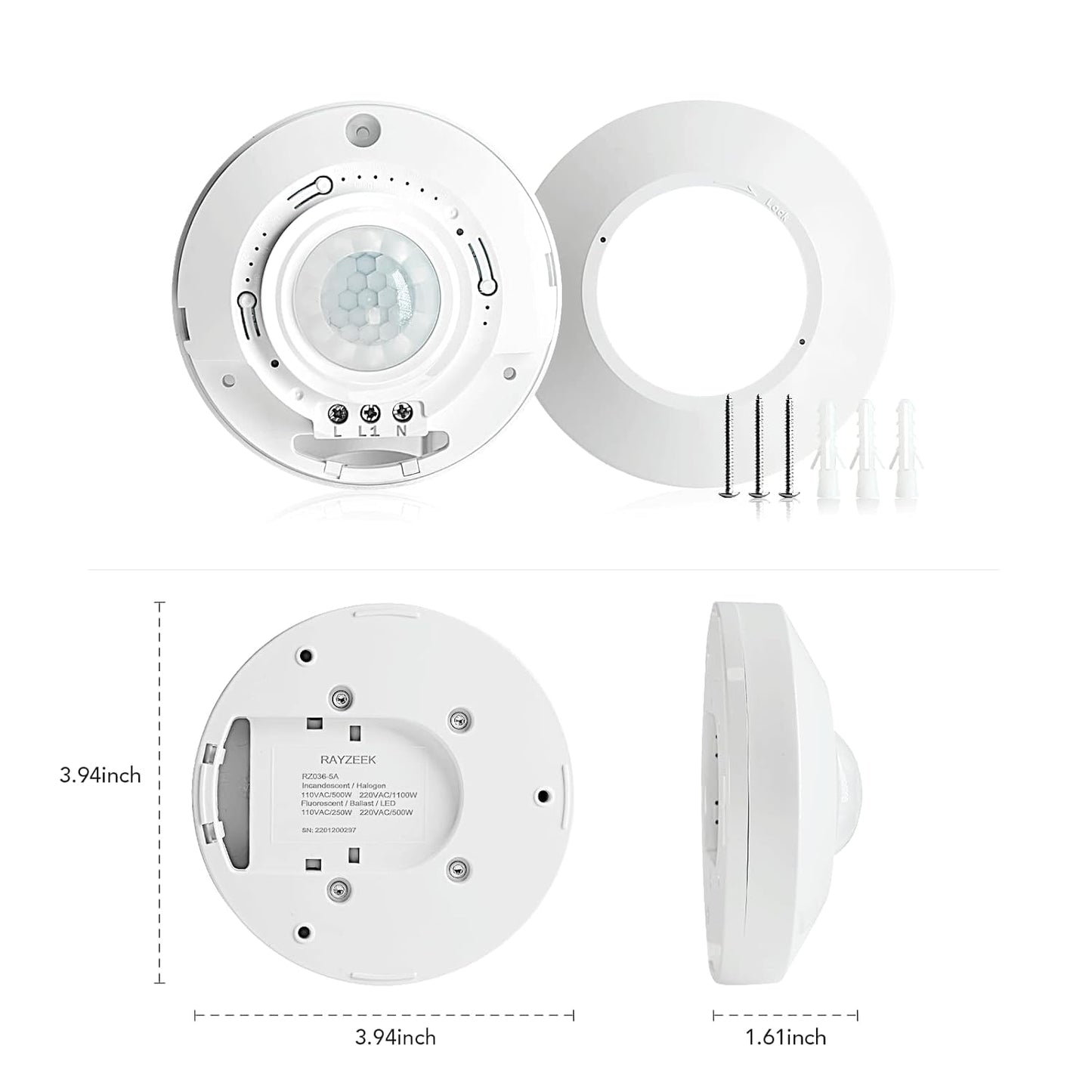 RAYZEEK Ceiling Mount Motion Sensor,360 Motion Sensor,110V-265V,1100W,Occupancy Sensor Switch for Ceiling, 8-12M High Sensitive Motion Sensor Light Switch,PC Fireproof(5A,Neutral Wire Required)