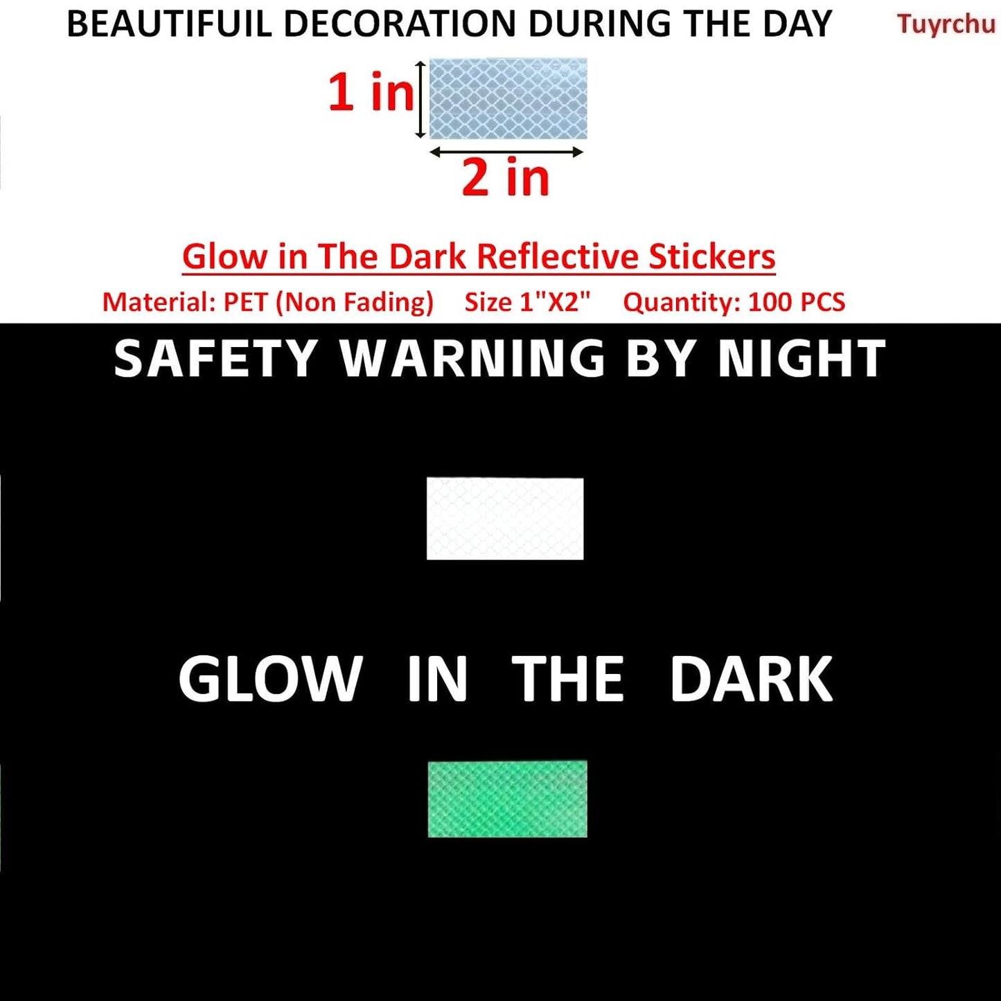 Glow in The Dark Reflective Stickers 1 inch X 2 inch for Car, High Visibility Warning Safety Reflective Strips (100 Pcs)