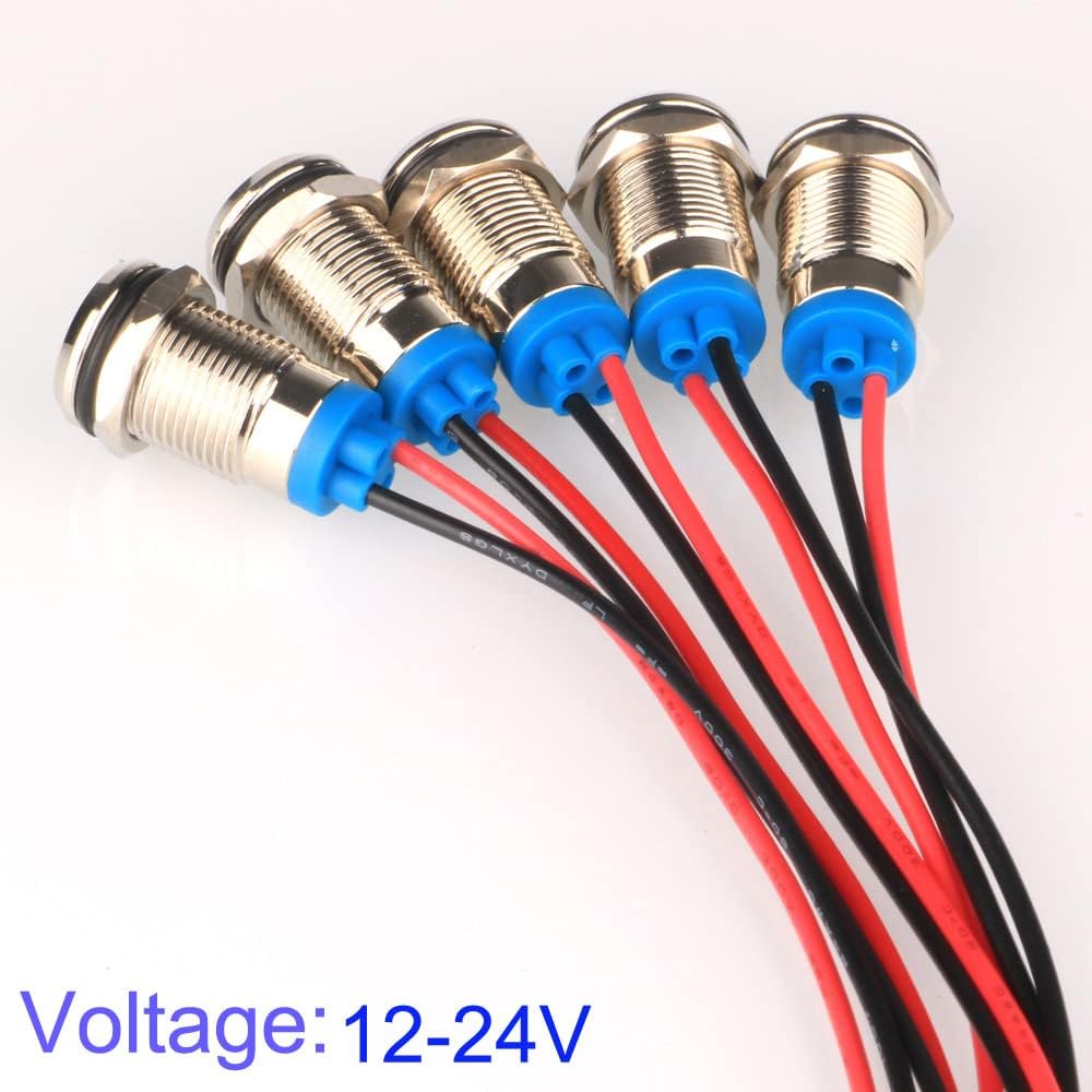 5pcs 10mm LED Metal Indicator Light AC/DC 12-24V Waterproof Signal Lamp Pilot Dash Directional with Wire(Red)