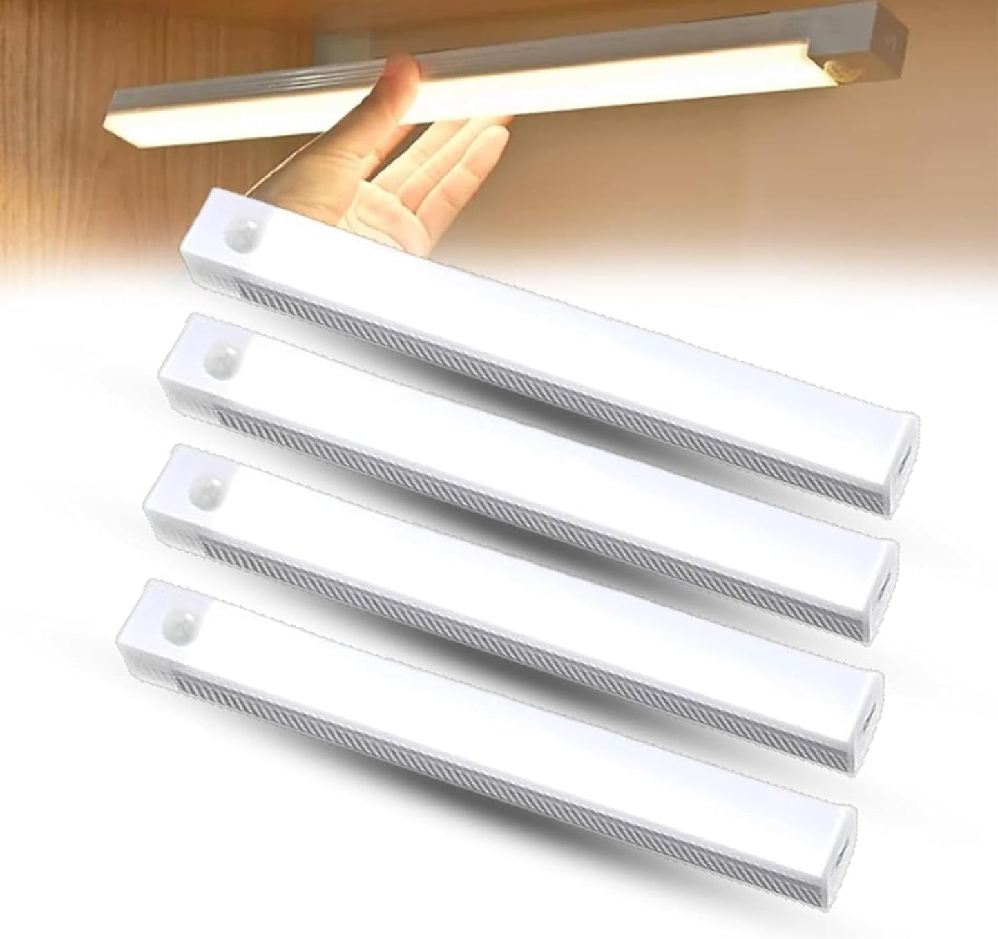 Punch-Free Smart Sensor Magnetic Rechargeable LED Lights, Motion Sensor Light Indoor for Stairs, Wardrobe, Cabinet (4PCS White Light,30cm/11.81in)