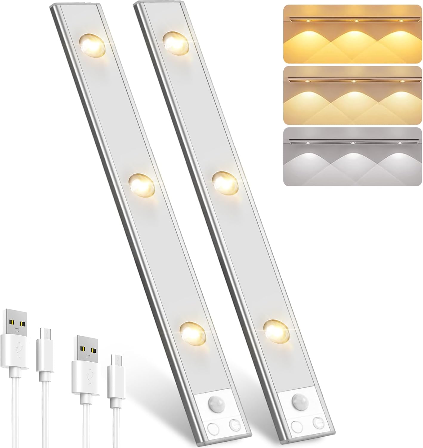 Pak Under Cabinet Lights, Rechargeable Motion Sensor Light Indoor, Wireless and 3-Color Dimmable with Cat’s Eye Hill Effect, for Display Cabinets, Showcases, Wine Racks, 2 Pack, Silver