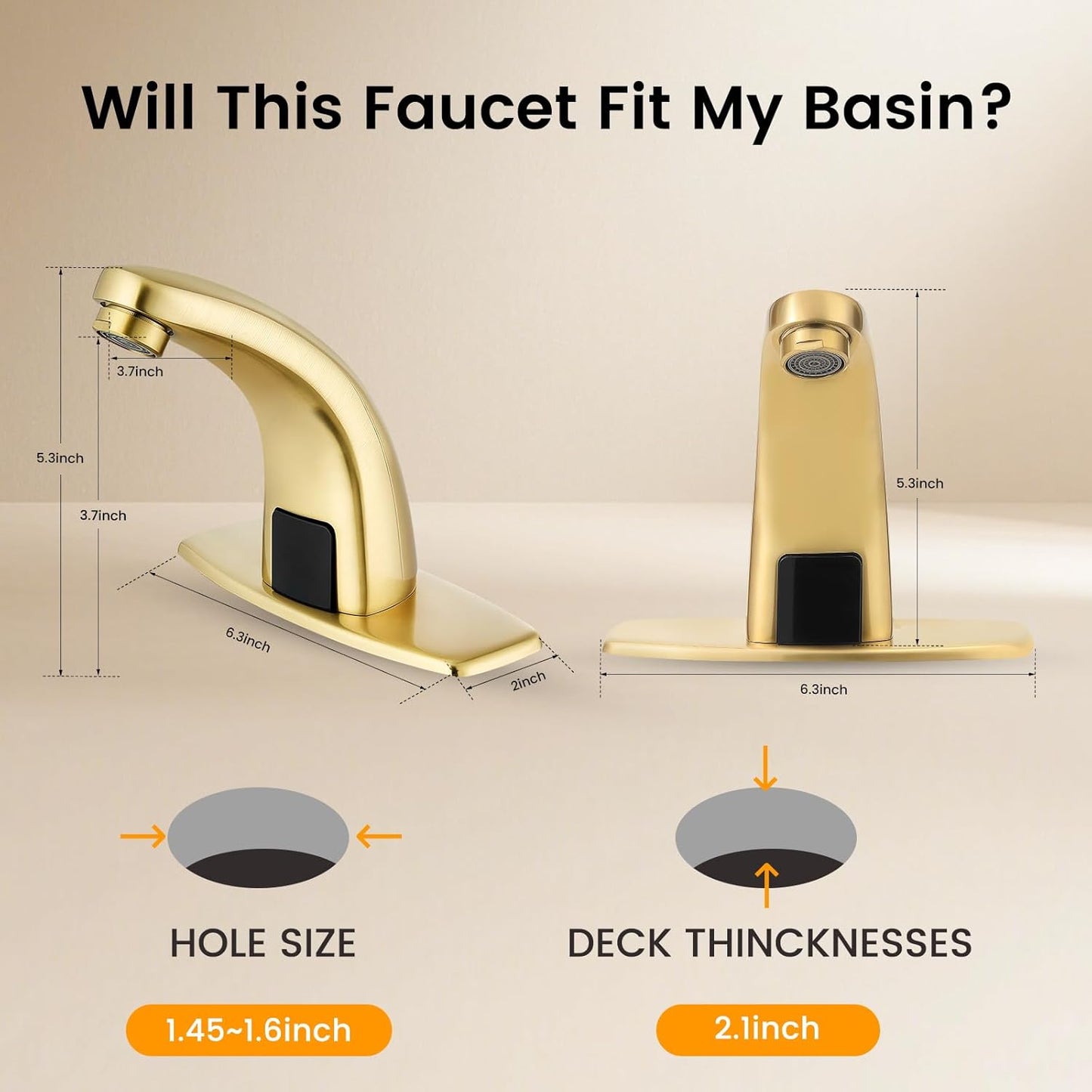 Touchless Bathroom Sink Faucet，Automatic Motion Sensor Faucets with Deck Plate for Commercial Lavatory Gold Plated