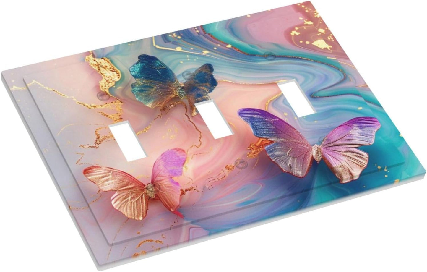 Colorful Marble Butterfly Gold Glitter Abstract Print Decorative Switch Plates 3 Gang Wall Plate Triple Toggle Light Switch Cover Faceplate Electrical Wall Panels for Bed Room Living Room Decor