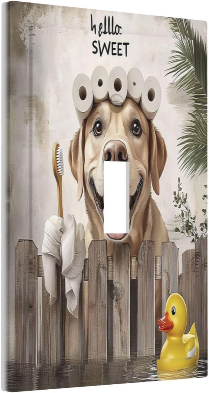 Funny Dog Rustic Farmhouse Wooden Fence Labrador Decorative Light Switch Cover 1 Gang Single Toggle Device Electrical Faceplate Switchplates Decorator Outlet Wall Plate For Kids Room Bathroom Decor