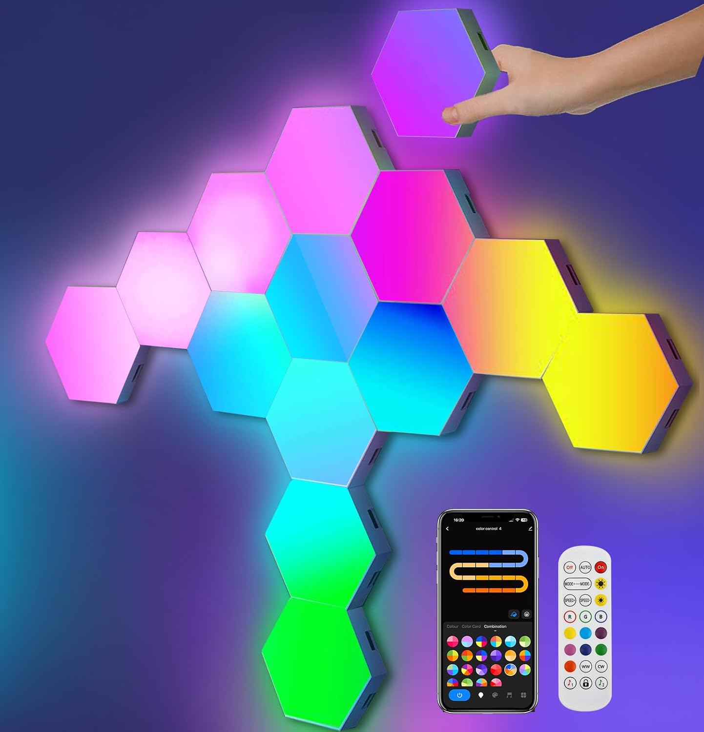 Hexagon LED Lights for Gaming Setup, Smart Home Gaming Lights Room Decor Work with Alexa Google Assistant, 14 DIY LED Panels for Wall Voice App Control Music Sync for TV Bedroom Aesthetic Decor Gift