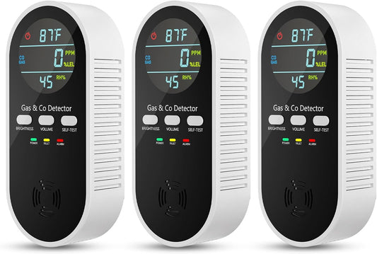 5-in-1 Natural Gas Leak Detector & Carbon Monoxide Detectors Plug in, Portable Carbon Monoxide Detector & Battery Backup with Brightness & Volume Adjustment for Home/RV/Travel/Camping (3 Packs)