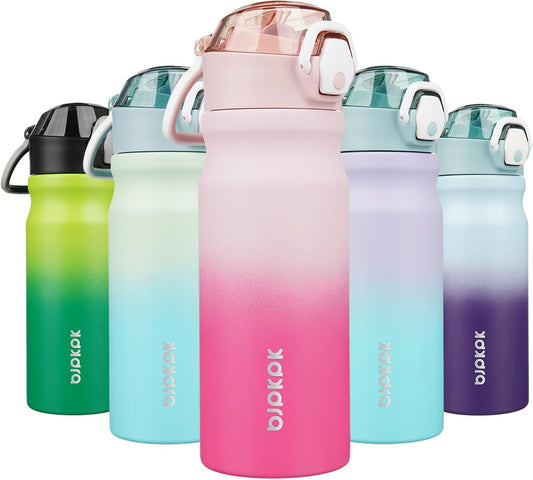 BJPKPK 18oz Insulated Water Bottle with Straw Stainless Steel Double Wall Water Bottles BPA Free Leak Proof Thermal Flask with Lockable Flip Lid and Soft Silicone Spout,Cherry Blossom