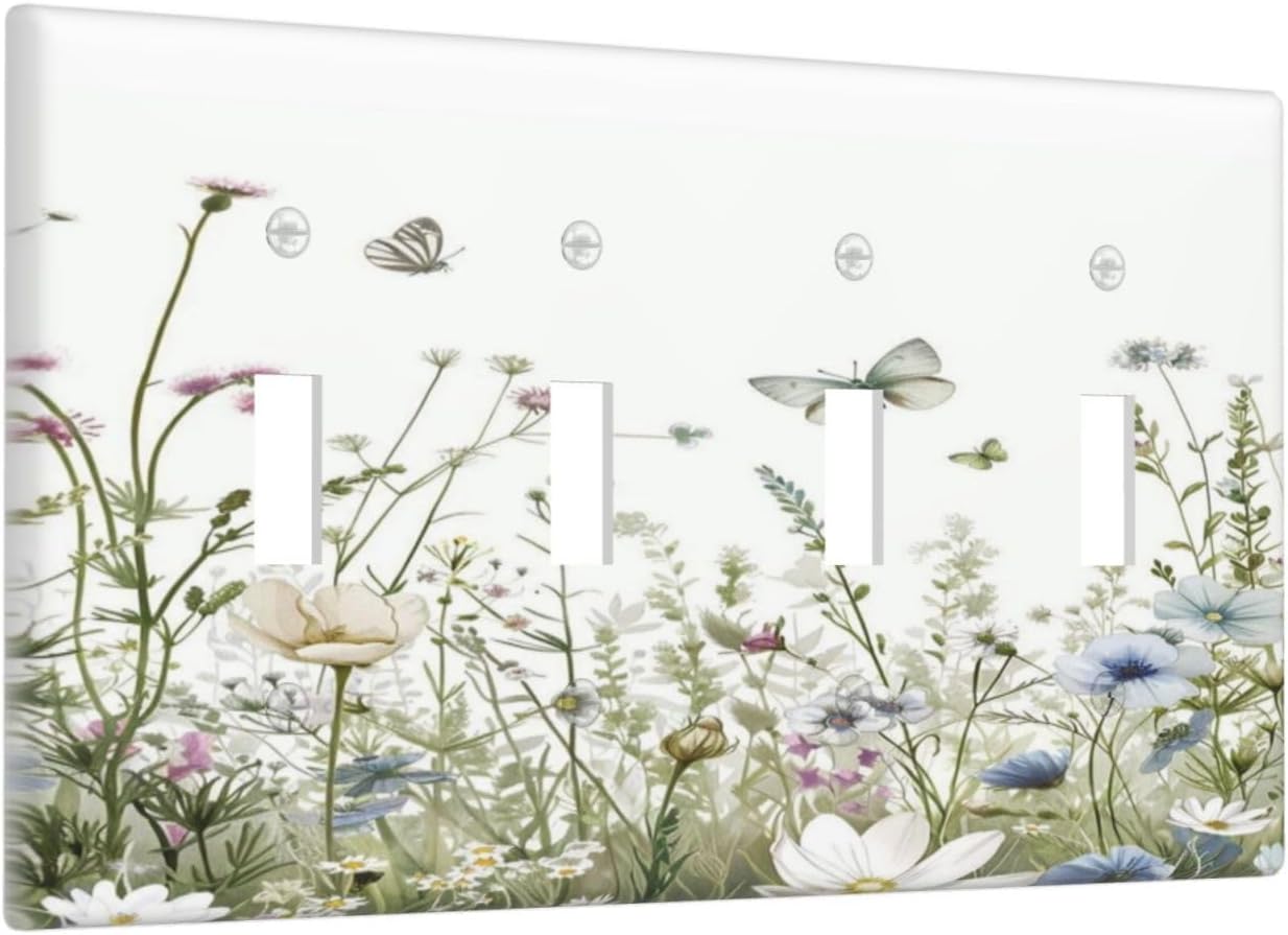Colorful Wildflowers Daisy Plant Butterfly Floral Light Switch Covers Quad Toggle Electrical Faceplate 4 Gang Wall Plate Decorative Switch Plates for Bed Room Living Room Decor