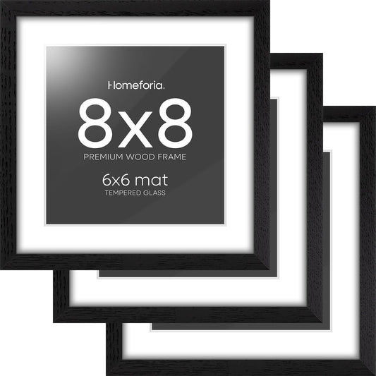 Homeforia 8x8 Picture Frame Black Wood, High-End Oak 8 x 8 Square Frames with Mat 6 by 6 inch Photo, 8x8 Wooden Frame Matted to 6x6 Art, 8by8 Wall or Tabletop Frame, Tempered Glass, Wall Kit, Set of 3