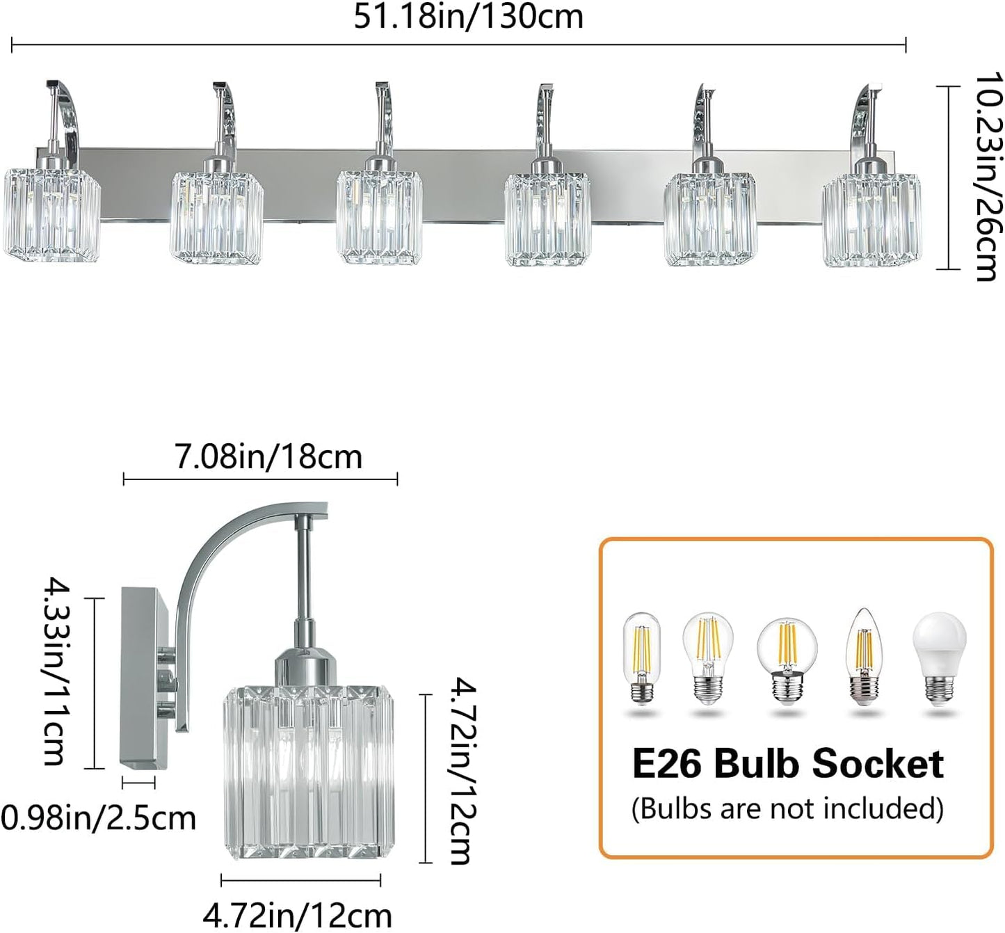 Crystal Vanity Lights 6-Light Chrome Bathroom Vanity Lights Modern Crystal Bathroom Light Fixtures Over Mirror 51.18" Long Vanity Light for Bathroom