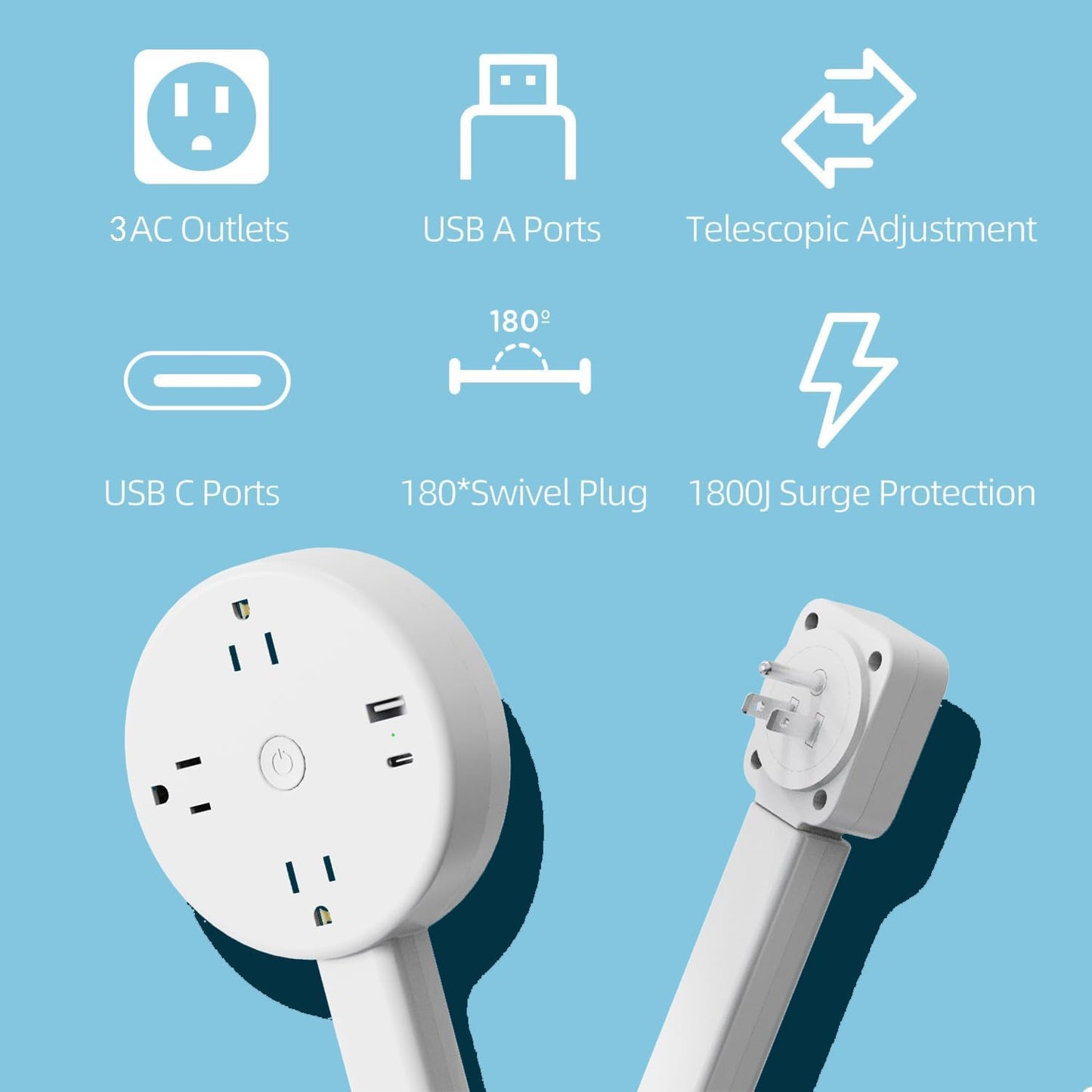 Electrical Outlet Extender,Power Socket Expander Features USB-A, USB-C, and 3 AC Electrical Outlet Extender, 180° Rotating & Extendable for Hard-to-Reach Outlets Behind Couch,Bed,Nightstand,Desk