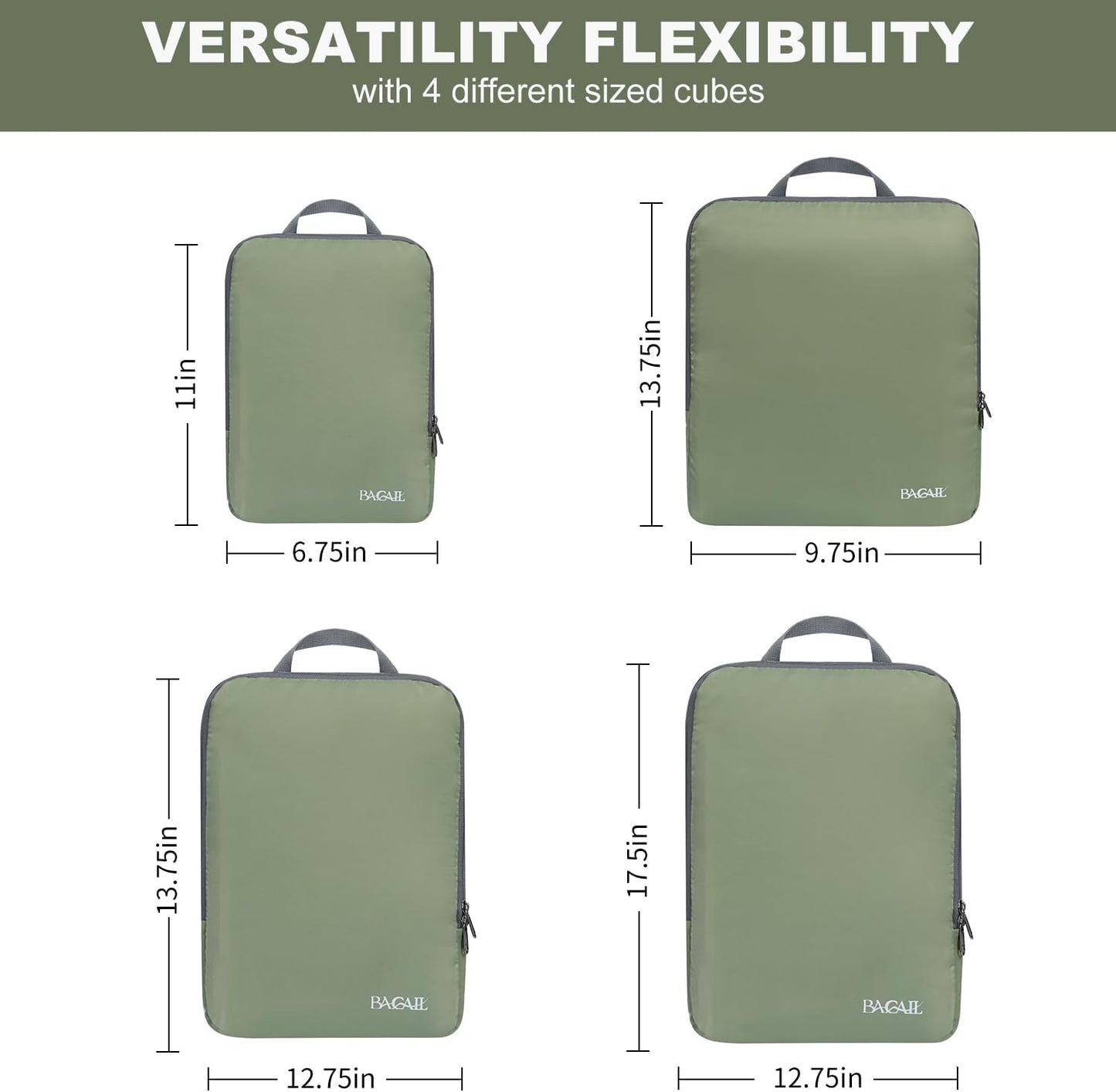 BAGAIL 4 Set/6 Set/8 Set Compression Packing Cubes Travel Accessories Expandable Packing Organizers (Cloth Pattern, 4-Matcha Green)
