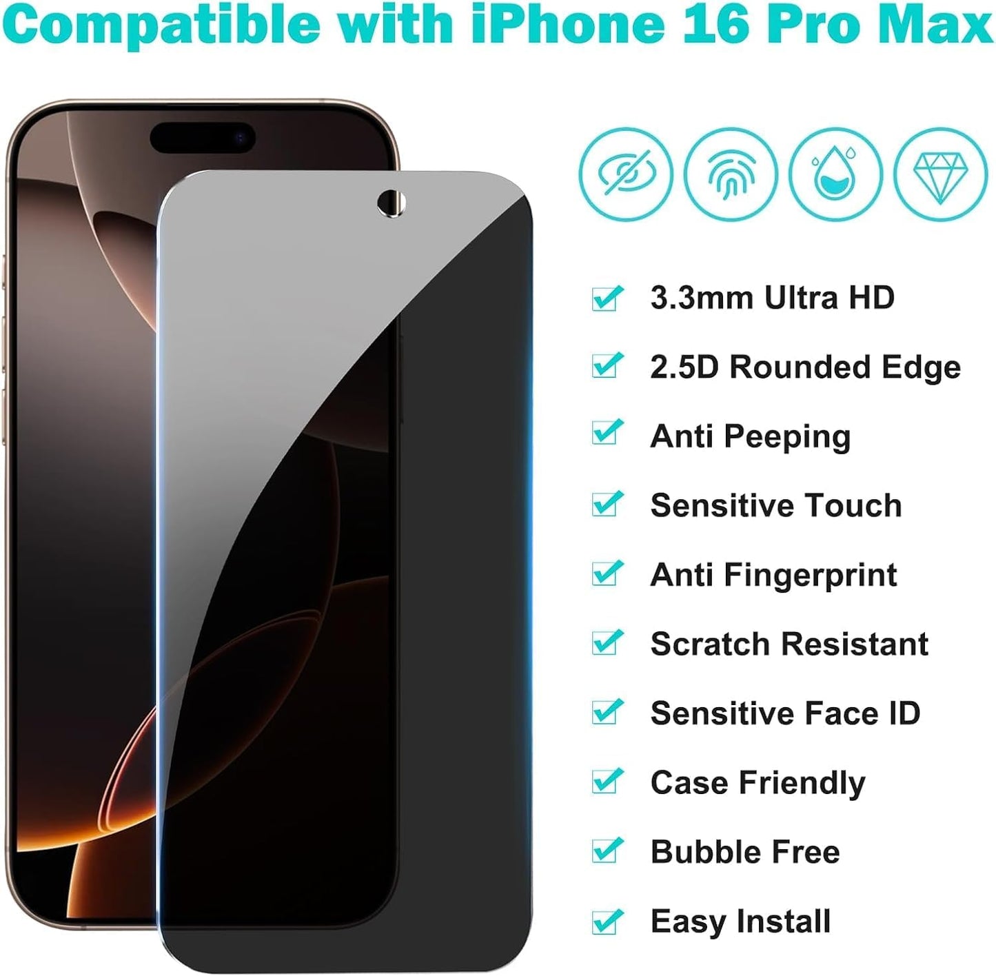 3 Pack for iPhone 16 Pro Max Privacy Screen Protector + 2 Camera Lens Protector 9H+ Tempered Full cover Glass 12FT Military Grade Shatterproof Anti Spy Auto Alignment Kit