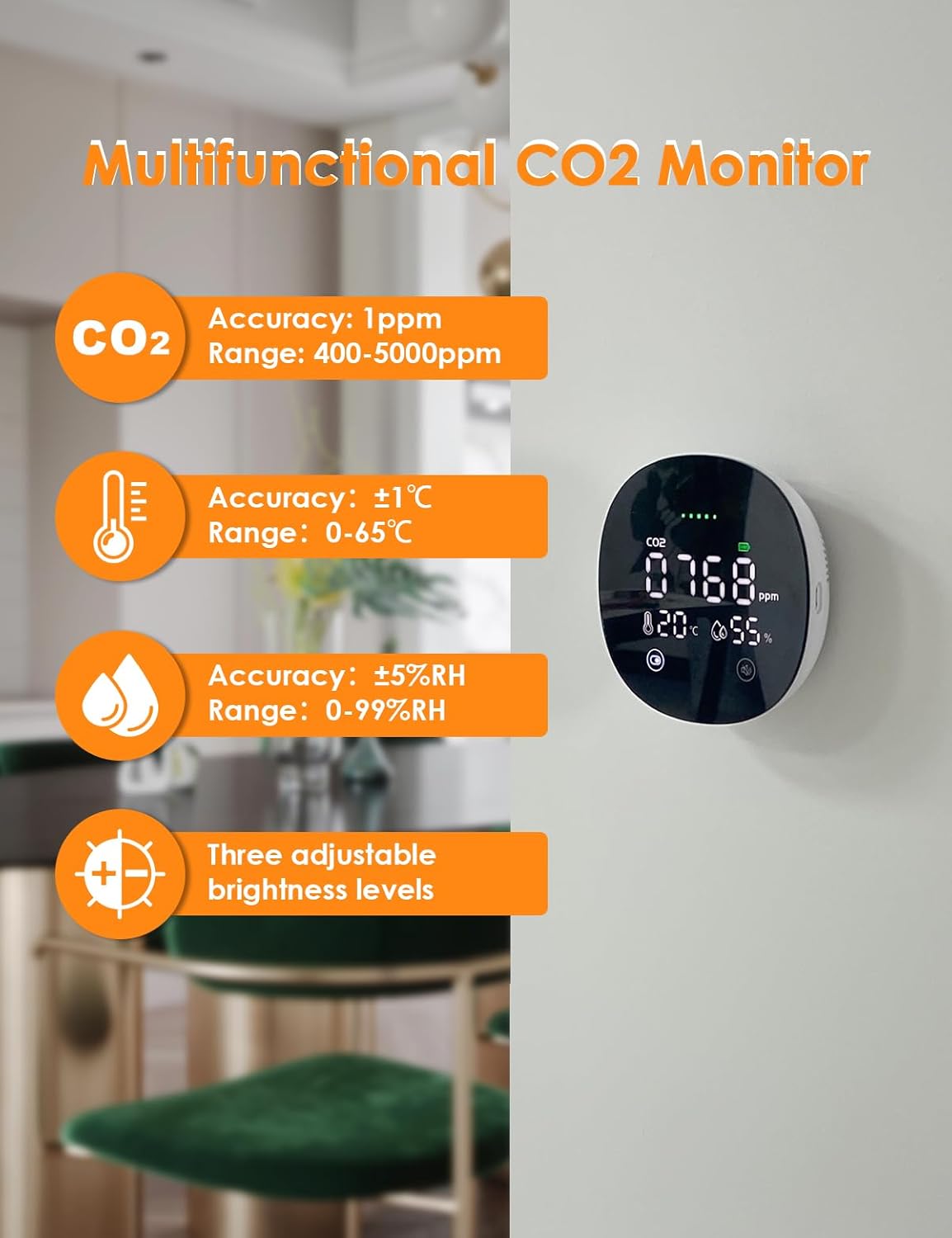 CO2 Monitor, 3 in 1 CO2 Detector Temperature and Humidity Air Quality Monitor Carbon Dioxide Detector for Travel Portable CO2 Tester Indoor Air Quality Monitor for Home School Office