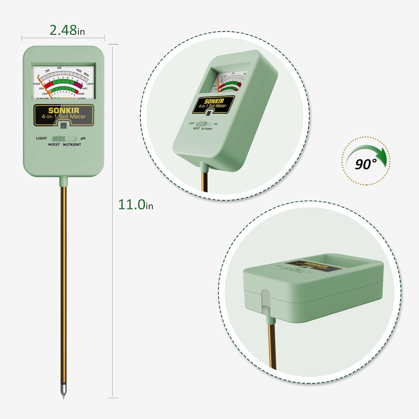 Sonkir Soil Moisture Meter, 4-in-1 Soil Ph Meter, Soil Tester for Nutrients, Moisture, PH and Light, Soil Ph Test Kits for Plant, Great for Garden, Indoor & Outdoor Use (No Battery Required), Green