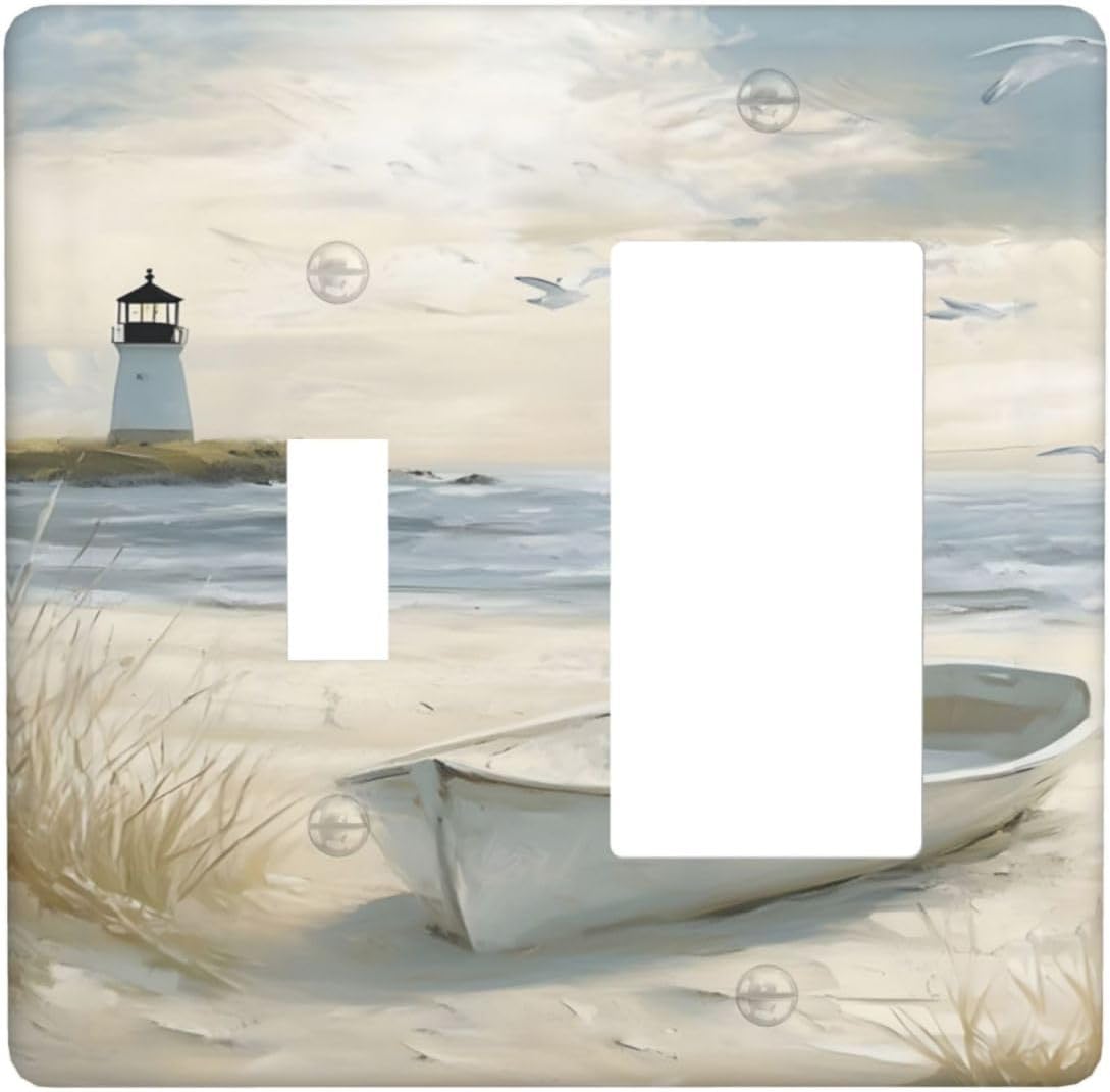 Decorative Outlet Covers Seascape Painting with Lighthouse Boats 2 Gang 1 Gang Wall Plate Single Toggle Rocker Light Switch Covers Switch Plate Cover for Bedroom Home Decor