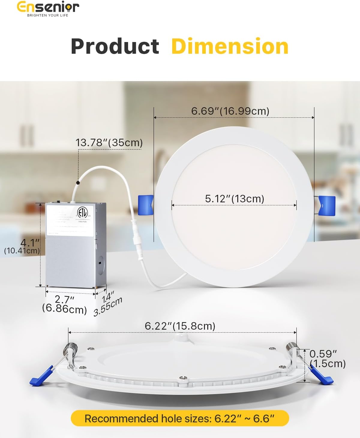 Ensenior 12 Pack 6 Inch LED Recessed Ceiling Light, Dimmable, 6000K Clear White, 1050LM 12W 120V, High Brightness Canless Wafer Downlight - ETL&FCC&IC