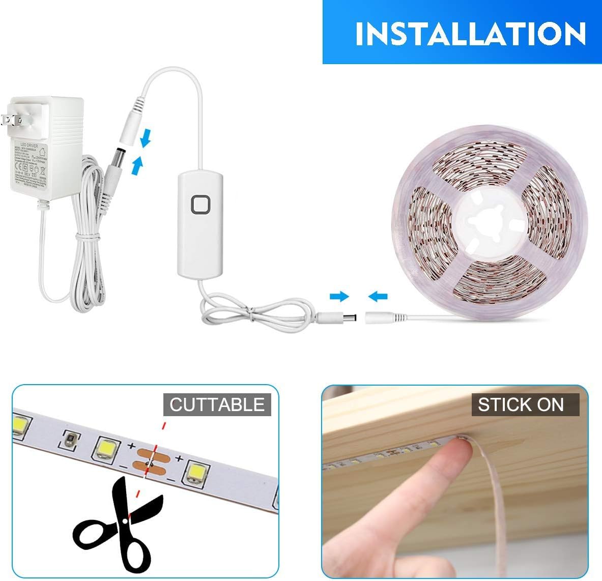 MYPLUS Under Cabinet Led Lighting, 16.4ft LED Strip Lights Kit with Dimmer Control for Kitchen, Cabinet, Shelf, Counter, Bedroom and Décor, Warm White 3000K, 1050LM