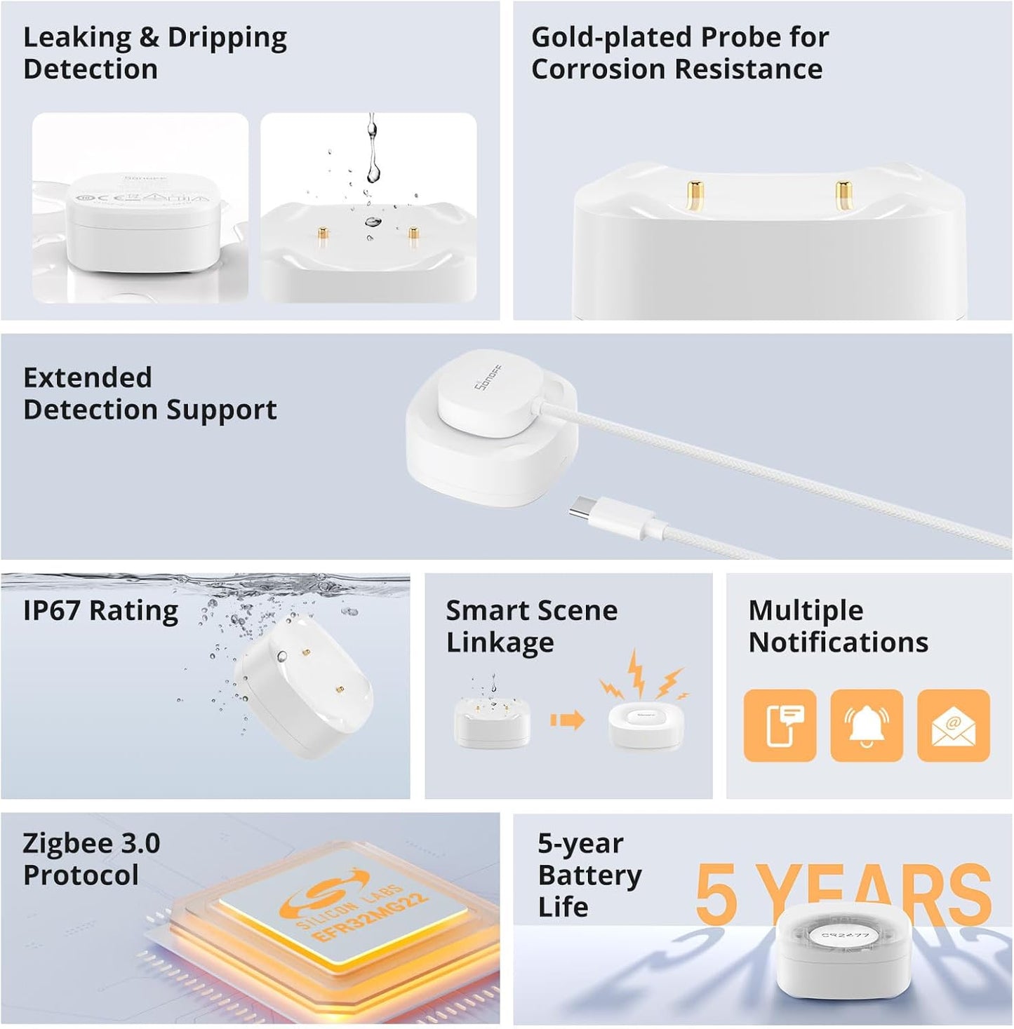 SONOFF SNZB-05P Zigbee Water Leak Sensor Without Detection Cable for Alarm System and Smart Home Automation, Wireless Mini Flood Detector for Kitchen Bathroom Basement 1Pack