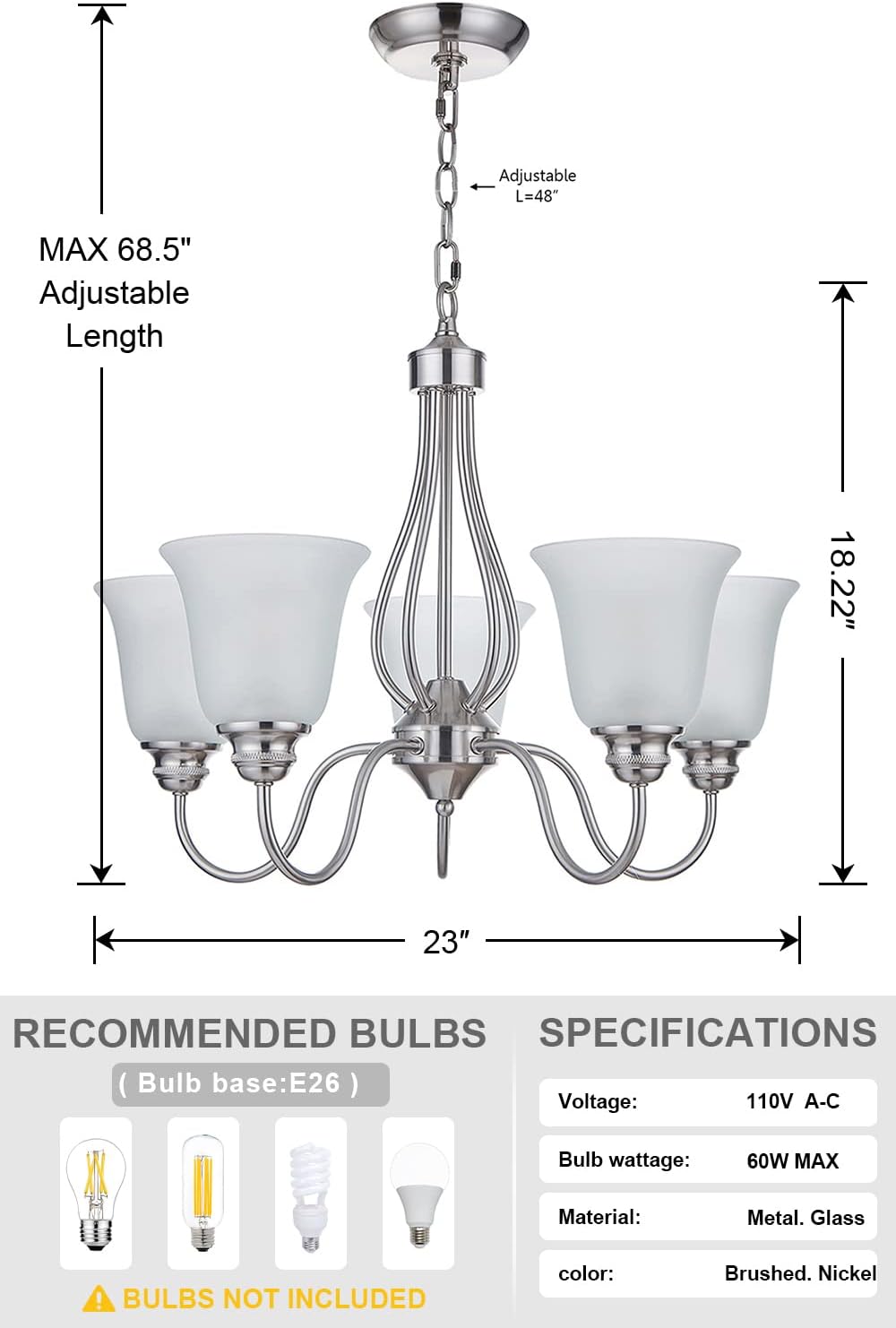 Doraimi Lighting 5 Light Chandelier with Brushed Nickel Finish, Classic Style Ceiling Light Fixture with Frosted Glass Shade for Meeting Room Dining Room Living Room Corridor, LED Bulb(not Include)