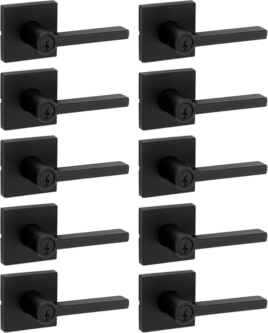 Kwikset Halifax Entry Door Handle with Lock and Key, Secure Keyed Reversible Lever Exterior, for Front Entrance and Bedrooms, Matte Black, 10 Pack, Pick Resistant SmartKey Rekey Security and Microban